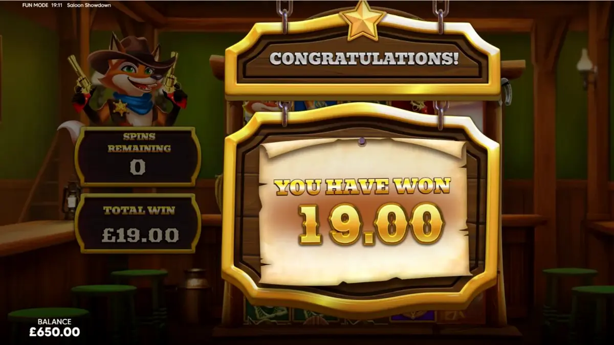 Tampilan visual slot Saloon Showdown 10,000x dengan karakter sheriff rubah